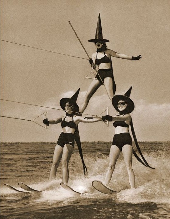 Cypress Garden's water skiing troupe as witches. 1955, Florida, US #WomensArt #MondayMotivation #Halloween