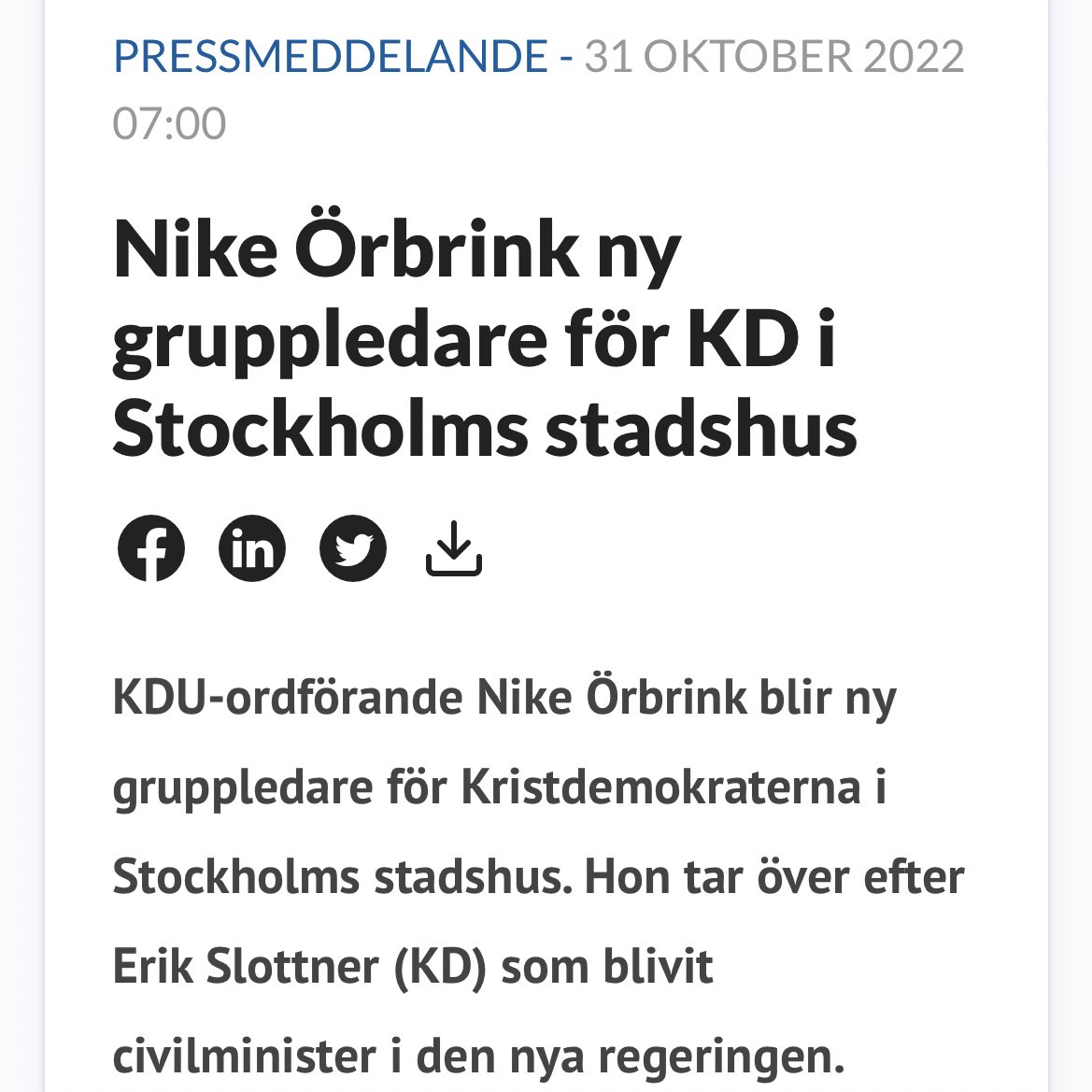 I torsdags valdes jag till ny gruppledare för KD i Stockholms stadshus. Stockholm är en fantastisk stad och jag är hedrad över uppdraget att få leda Kristdemokraternas arbete i en offensiv opposition, med sikte på valvinst 2026!