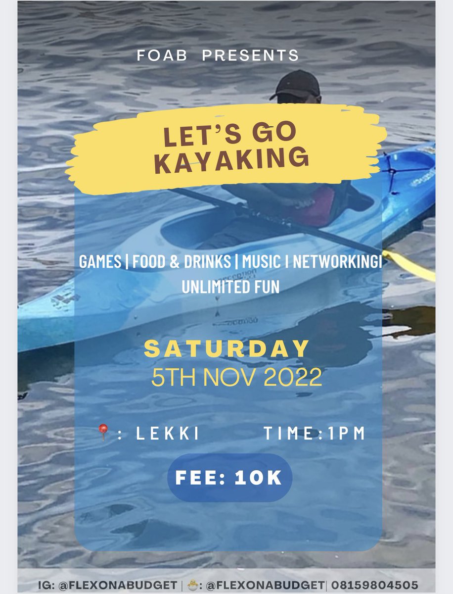 5 days to  #kayakwithfoab! Tickets are still selling fast!

To book a slot;  Dm @flexonabudget 
WhatsApp: wa.me/message/3TD767…

You don't want to miss out!