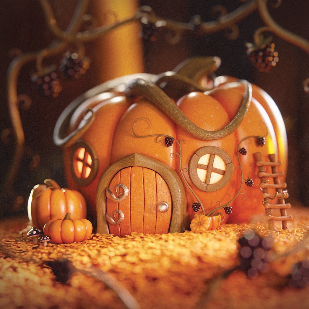 robbierobbieAU's tweet photo. I made a pumpkin cottage 🖤 Happy Halloween! 🎃👻✨

#blender3d #b3d #3dmodeling https://t.co/eiHA5kjYxL