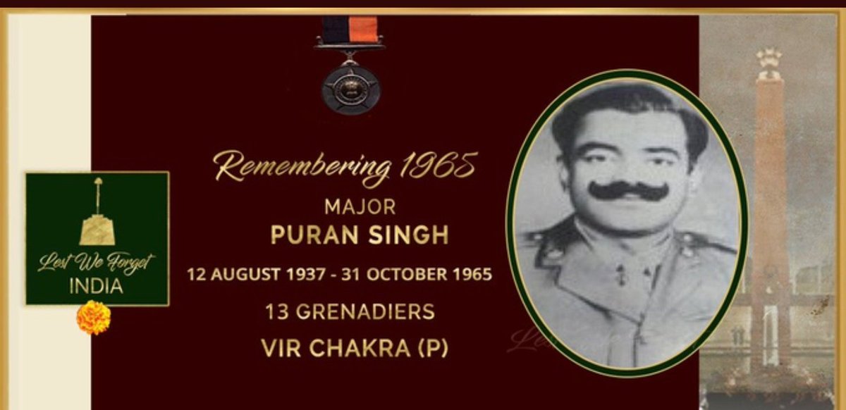 #Remembering1965
🇮🇳  Maj Puran Singh, #VirChakra (P), 13 GRENADIERS, who commanded a long-range patrol in Rajasthan, fought off a Pakistani ambush, eliminated enemy soldiers before succumbing to his injuries.
He became immortal through his supreme sacrifice.