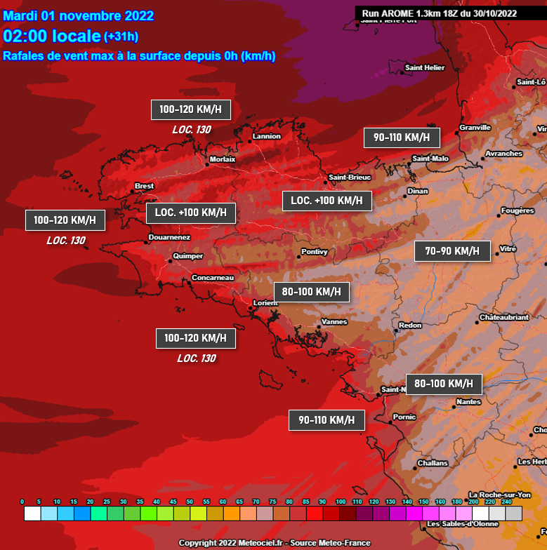 StevenTual_off's tweet photo. #Météo #Bretagne #TempêteClaudio 💨🍂 La tempête Claudio est attendue ce soir sur la Bretagne avec les vents les plus forts pour les Côtes-d'Armor et le Finistère (loc. plus de 100 km/h dans les terres). Les rafales devraient atteindre 100-120 km/h en bord de mer.
🔎 AROME https://t.co/6Vy92YczaC