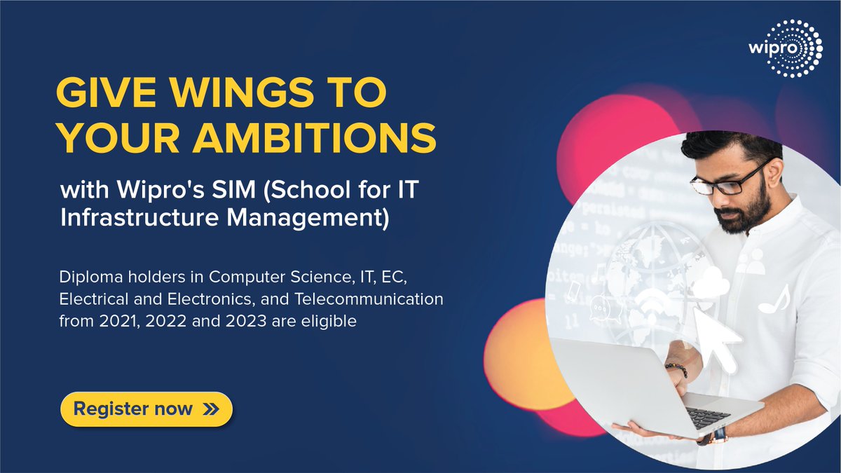 Pursue a rewarding career at @Wipro and get a chance to upgrade your current diploma too. Wipro SIM program is now open. If you are a 2021, 2022 & 2023 diploma holder in Computer Science, IT, EC, Electrical and Electronics or Telecommunication, apply now: app.joinsuperset.com/company/wipro/…