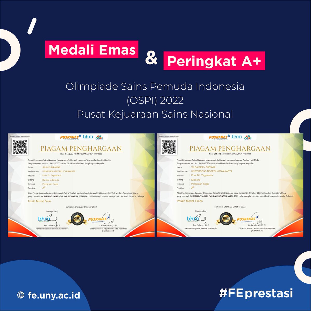 febunyofficial's tweet photo. Vilda Rizky Oktavia dan Jerry Kurniawan, keduanya dari Prodi Pendidikan Ekonomi 2022 meraih Peringkat A+ dan Medali Emas dalam Olimpiade Sains Pemuda Indonesia (OSPI) 2022 yang diadakan Pusat Kejuaraan Sains Nasional (PUSKANAS).
#FEprestasi #FEbright #FEUNY https://t.co/qwK0oH1XTg