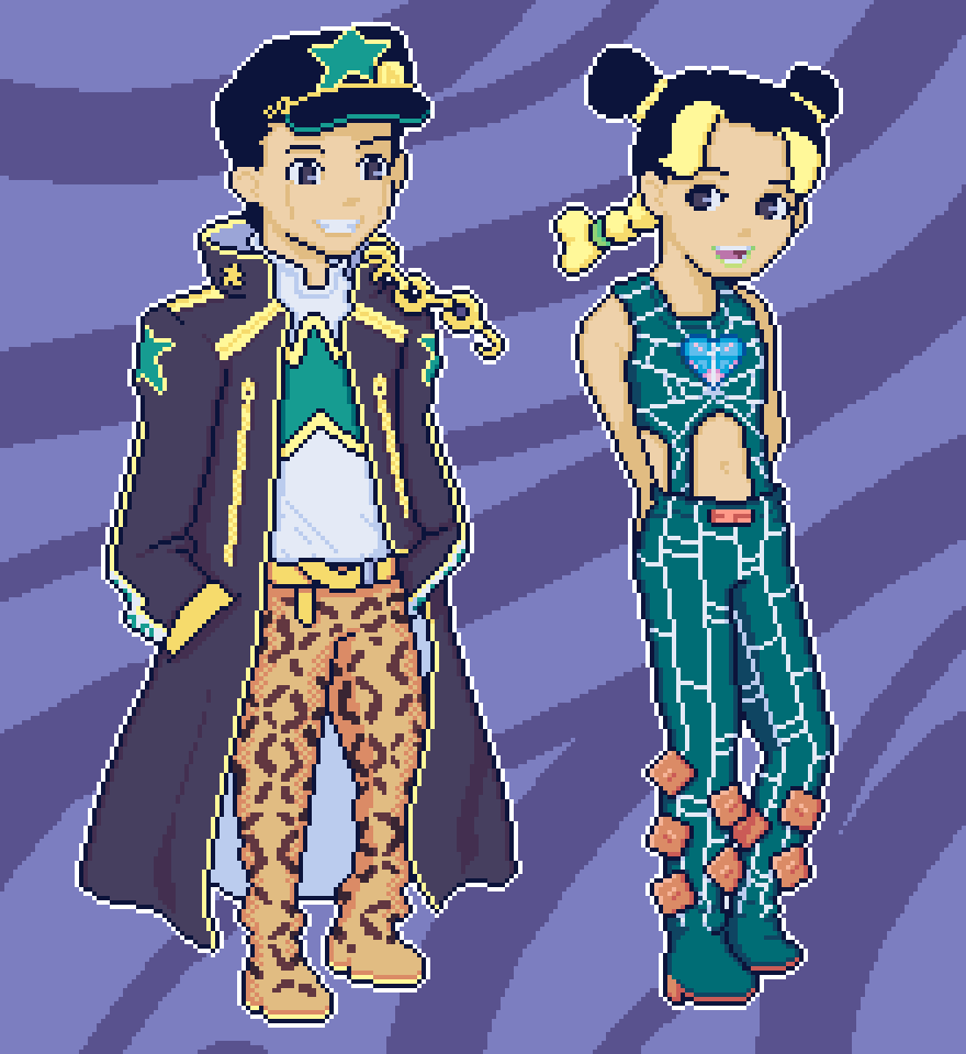 ゴゴゴ～ Happy Halloween! ～ゴゴゴ
Ayumu and Rina went all out on their costumes this year 🎃

#jojo_anime #JoJosBizarreAdventure #pixelart #indiegames #Halloween #Halloween2022  #ジョジョ #ストーンオーシャン #ドット絵