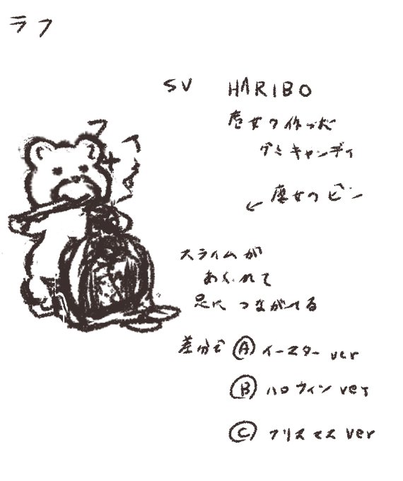 モンスターデザイン005よりスライムです。
海外のかってぇクマグミ。
描き直してよりグミっぽい質感にできたと思うので満足。 