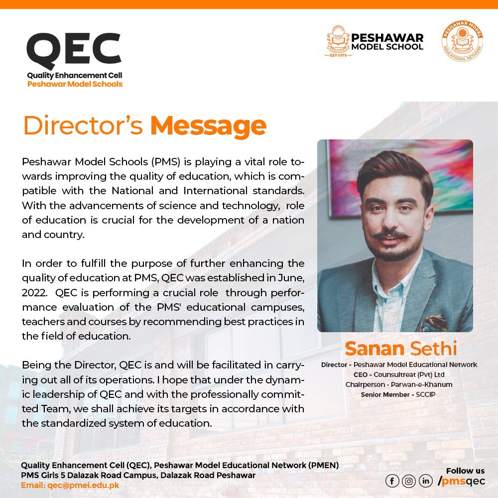 pms_qec's tweet photo. Mr. Sanan Sethi, Director PMS has been keen on enhancing the quality of education at PMS. For the purpose of which Quality Enhancement Cell was established.
#QualityEducation 
#QualityEnhancement
#QEC
#PMS https://t.co/swmCxU0oT9
