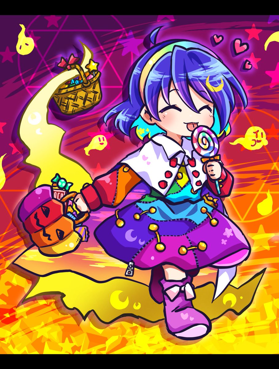 tenkyuu chimata 1girl patchwork clothes candy food solo blue hair short hair  illustration images