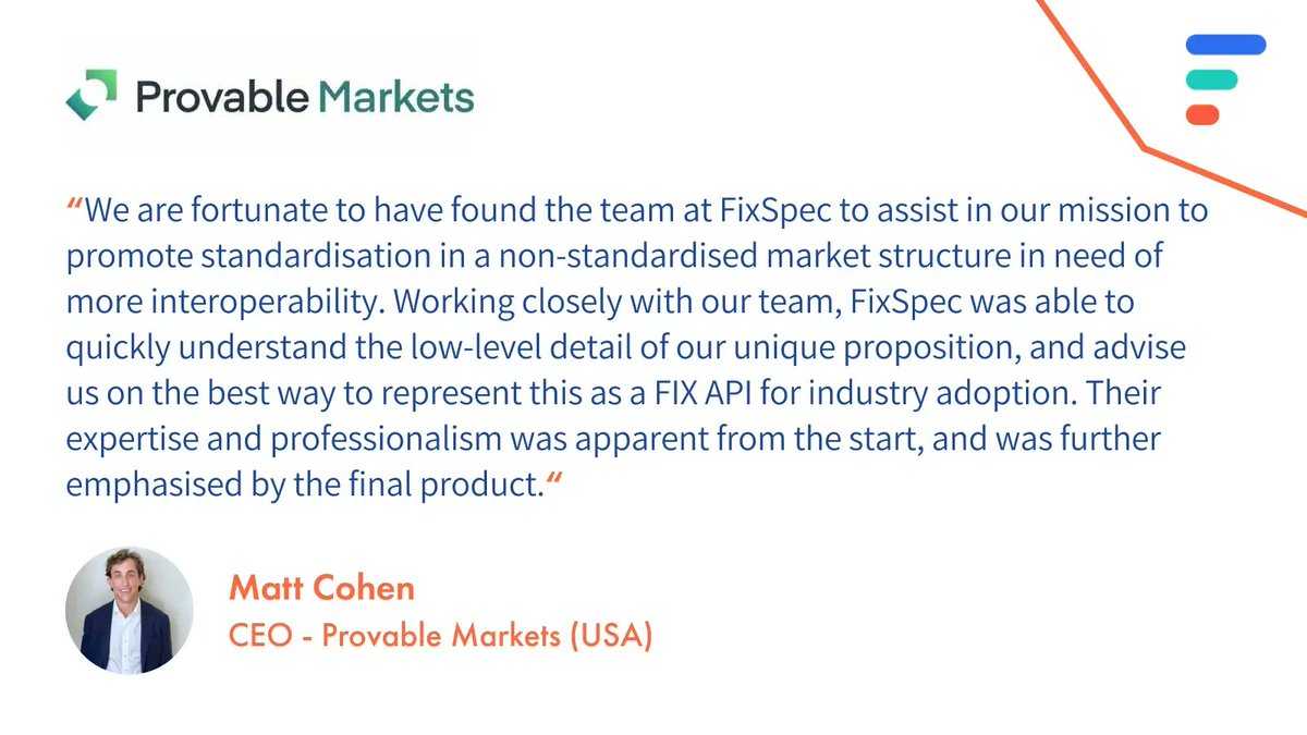 FixSpec professional services enable connectivity teams to tap into industry-leading FIX expertise.

Find out more about FixSpec Professional Services, and our work with Provable Markets @ buff.ly/3DuVqDY