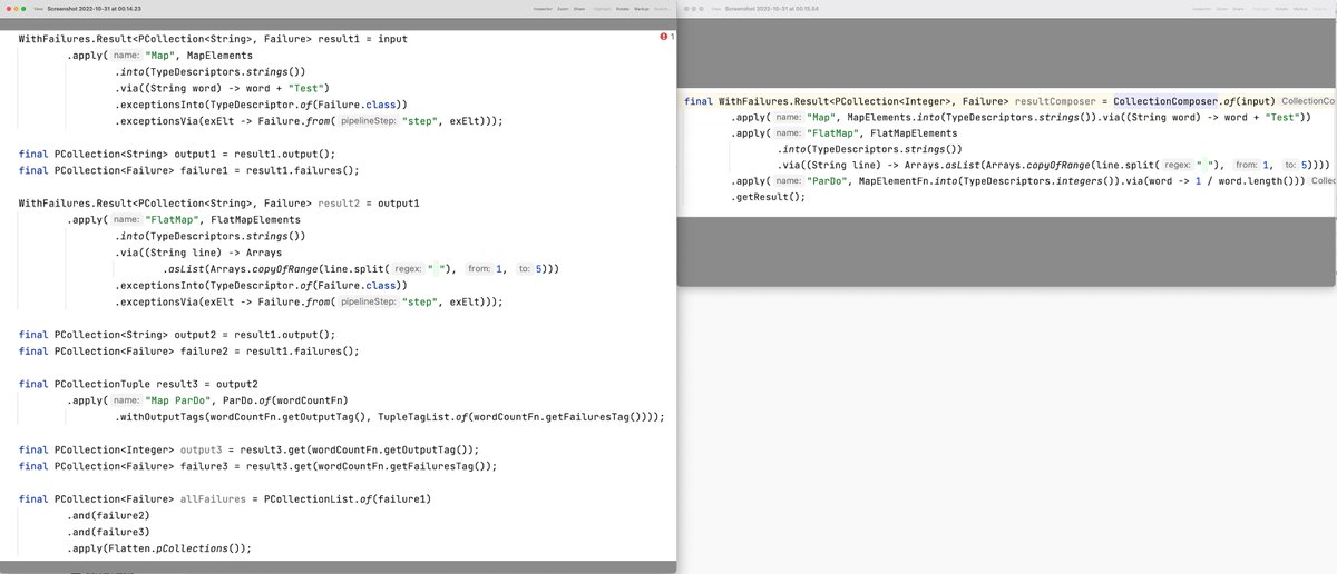 MazlumTosun3's tweet photo. Example of error handling and dead letter queue with @ApacheBeam  : 
- Left side, error handling in each step with #Beam native 
- right side, error handling in each step with @AsgardeBeam library

Don't hesitate to contribute and support us with a #Github star

@GoogleCloudTech https://t.co/OoMYCEUTNG