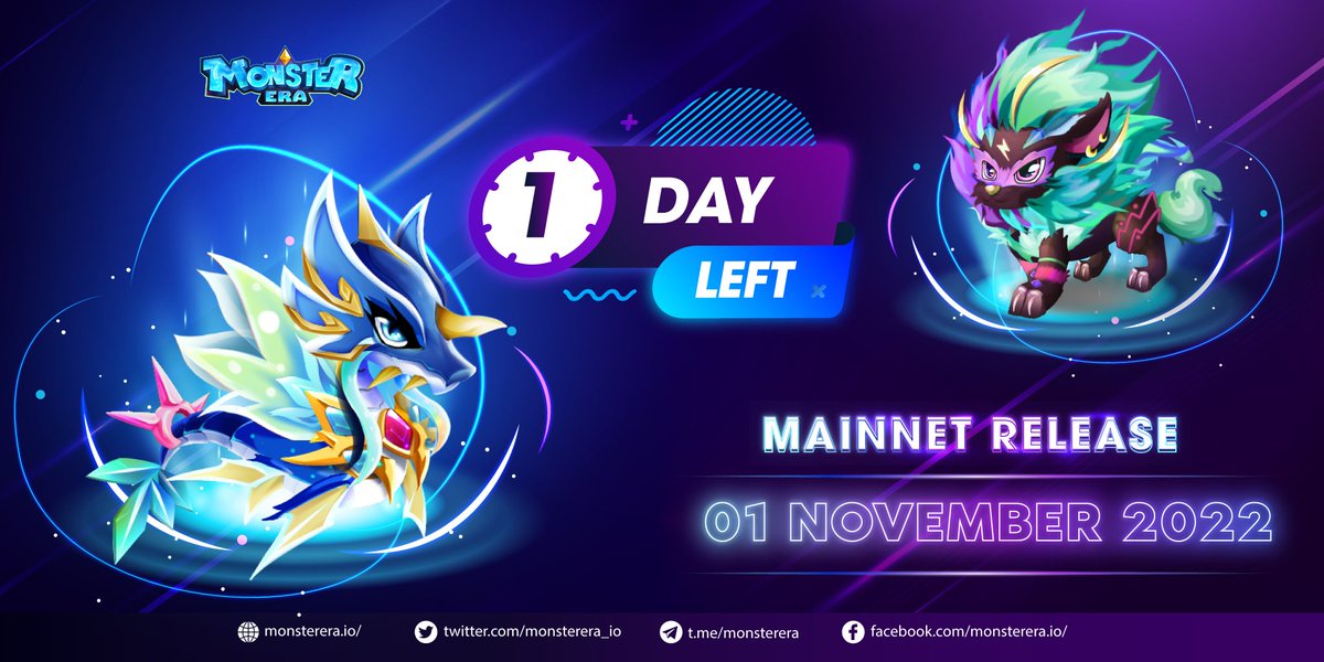 ⚡️1 DAY LEFT to Monster Era Mainnet Event⚡️

Clear your schedule, save it for Monster Era Mainnet Release Day because you wouldn't want to miss all the IMPRESSIVE events &amp; rewards!