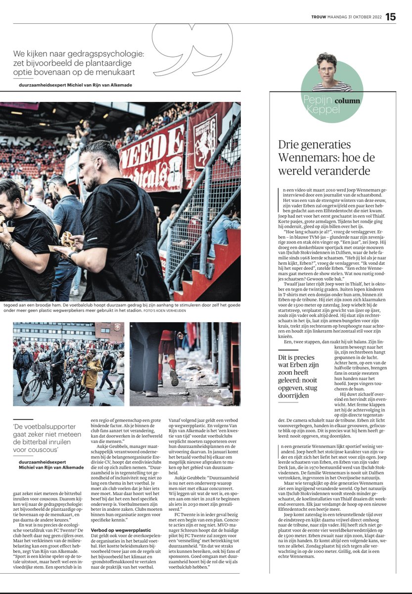 De NL betaald voetbalclubs komen in beweging rondom het thema duurzaamheid. Samen met alle clubs, <a href="/KNVB/">KNVB</a>, <a href="/eredivisie/">VriendenLoterij Eredivisie</a> en <a href="/1e_Divisie/">Keuken Kampioen Divisie</a>
Maken we de footprint inzichtelijk. <a href="/MichielvRvA/">M vanRijnvanAlkemade</a> in Trouw "Betaald voetbal is een relatief kleine speler, maar met invloedrijke stem"