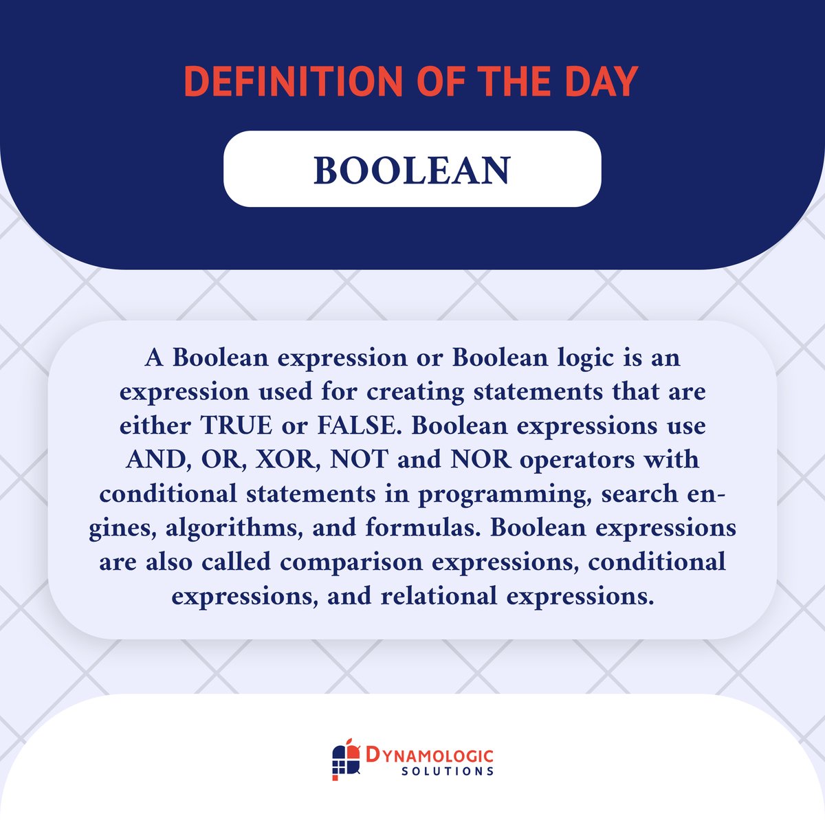 DynamoLogic's tweet image. What is Boolean logic?
#Boolean #Booleanexpression #Monday #Mondaythoughts #Definition #Definitionoftheday #Dynamologic