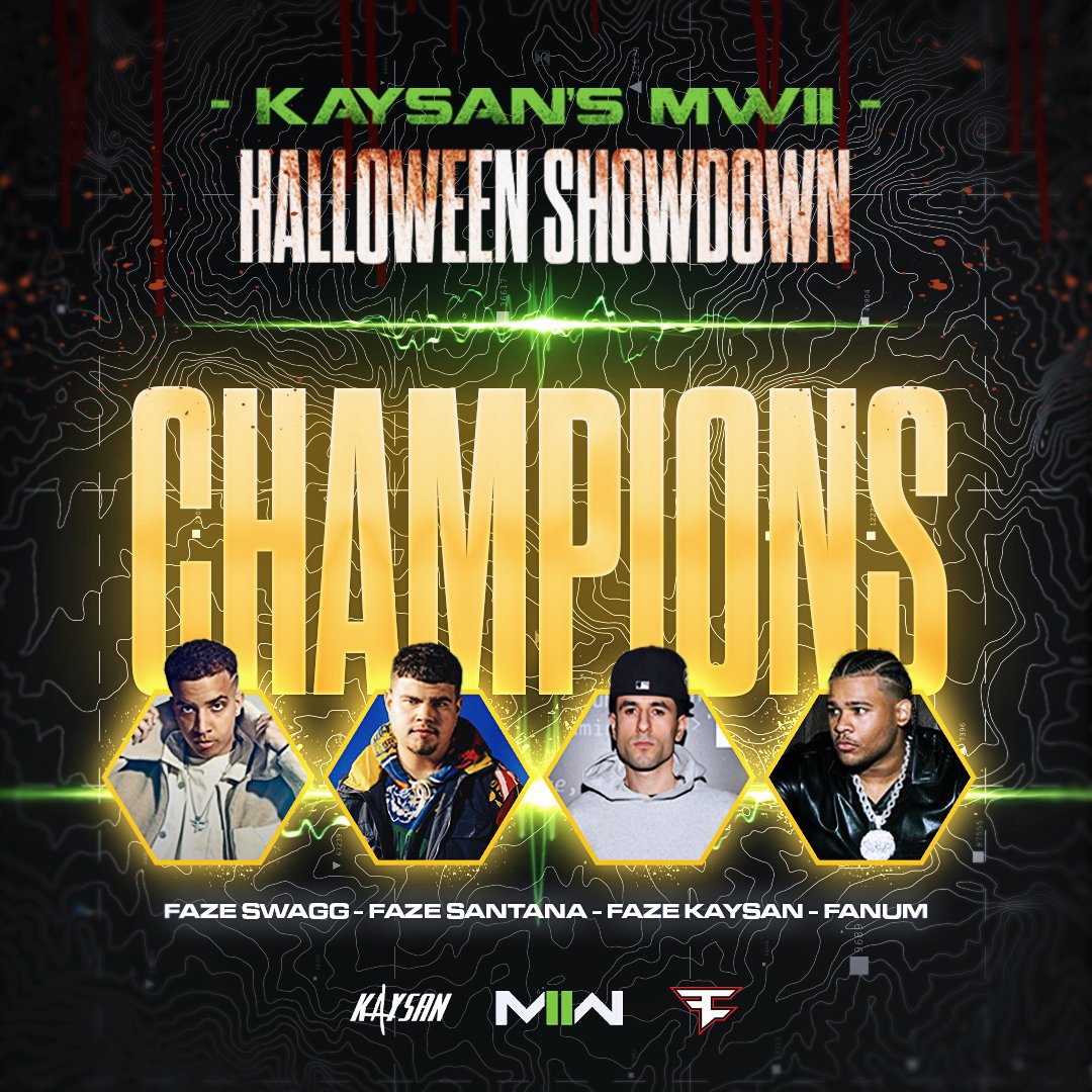 FaZeClan's tweet photo. THE CHAMPIONS OF KAYSAN'S MW2 HALLOWEEN SHOWDOWN 

🏆 @kaysan 
🏆 @Swagg 
🏆 @TheBoiSantana 
🏆 @FanumTV https://t.co/HtyS8EzVbn