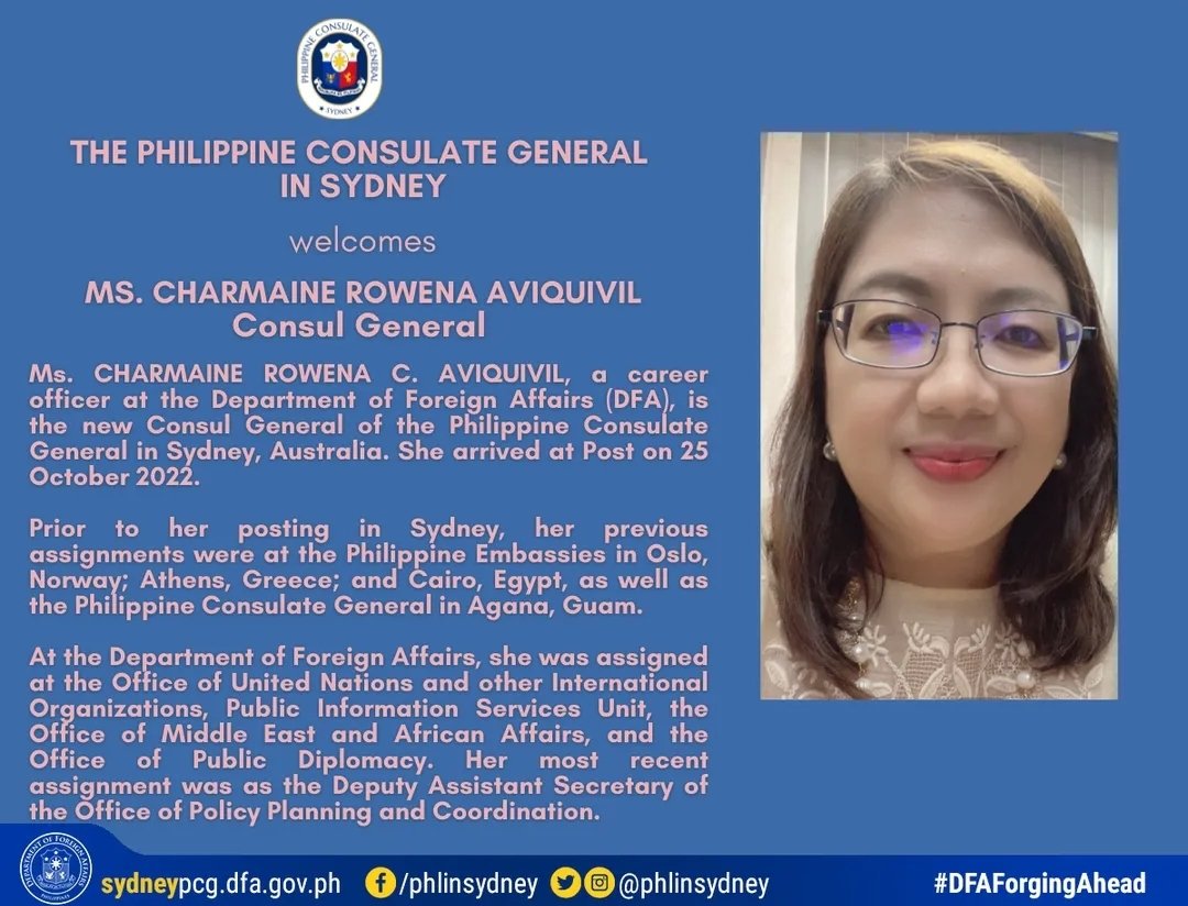 The Philippine Consulate General in Sydney welcomes Consul General Charmaine Rowena C. Aviquivil
#PHLinSydney #SentroRizalSydney