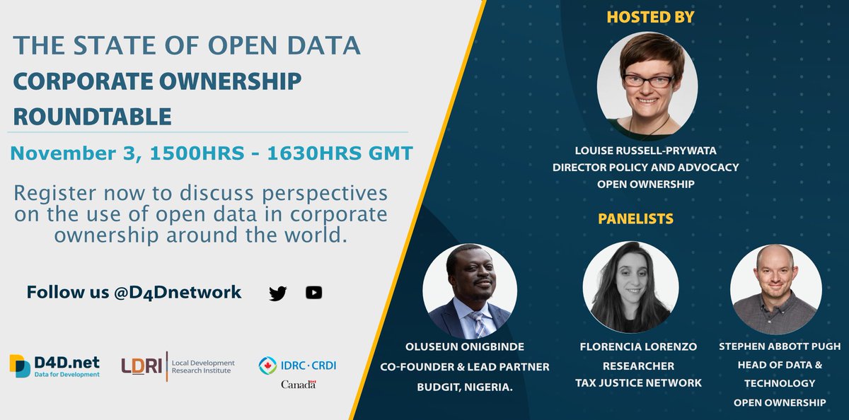 Join our Director of Policy and Advocacy @_LouiseRP on 3 Nov for a @stateofopendata discussion on corporate ownership. Panelists: @seunonigbinde @lorenziaflorenc @stephen_abbott 📝us06web.zoom.us/meeting/regist… #beneficialownership #transparency #taxjustice #opendata @D4Dnetwork