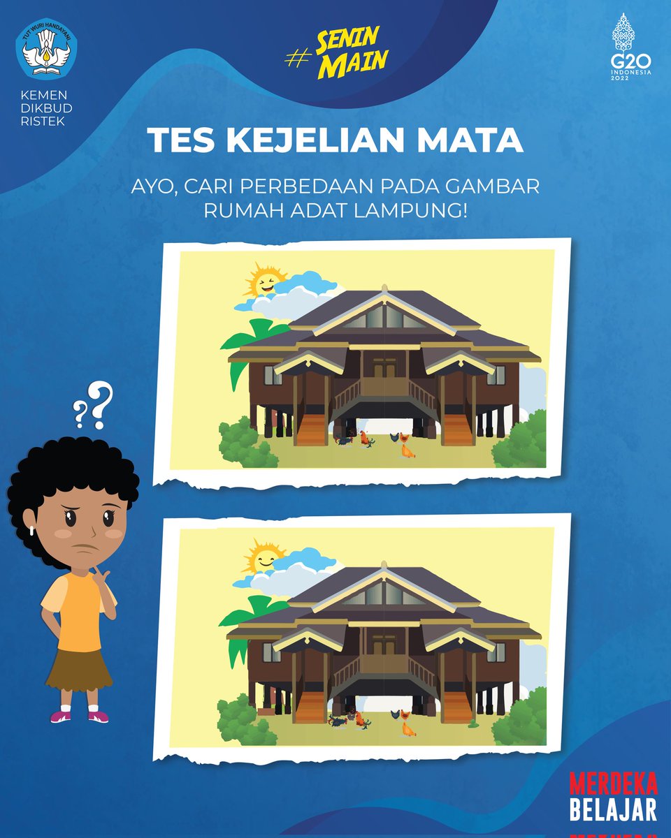 Kemdikdasmen's tweet photo. #SahabatDikbud, yuk, bantu Martha menemukan beberapa perbedaan pada gambar rumah adat Lampung berikut!
Ada berapa perbedaan yang berhasil kamu temukan?
#MerdekaBelajar #SeninMain https://t.co/OhPmd4gYBi