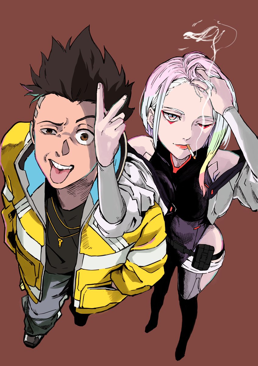 lucy (cyberpunk) 1girl 1boy jacket cigarette tongue tongue out yellow jacket  illustration images