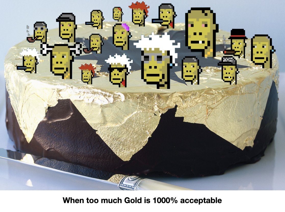 blueprome's tweet photo. Money cannot buy class. But fk dat shit Imma have cake my way any day. Stack em up Goldies! We gobblin'. 🤣🤣🤣 @PhunkAPEorigins #GoldRush #GoldenApes #AdoptGold 🚀 https://t.co/UAs9sHGlDL