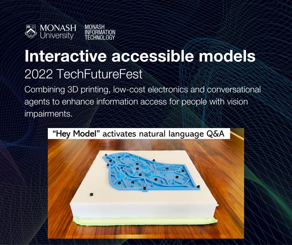 MonashInfotech's tweet image. Levelling up resources for people with vision impairments is a project by our PhD student Sam Reinders. 

Register for #TechFutureFest to demo these 3D-printed models that can speak, answer questions and adjust on command: ow.ly/oIfF50LpfMY
@MonashInclusive