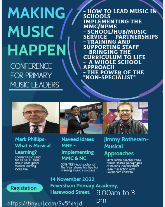 MusicEdu4all's tweet photo. Join us on 14th November for a whole day's CPD. See live lessons with children, and keynote @EnglishCadence, former OFSTED lead for music. Naveed Idrees will talk about implementing the MMC &amp;NPME as a leader, and I will focus on how to build a curriculum. https://t.co/jkcg0LlCrL https://t.co/PbuD2beqOY
