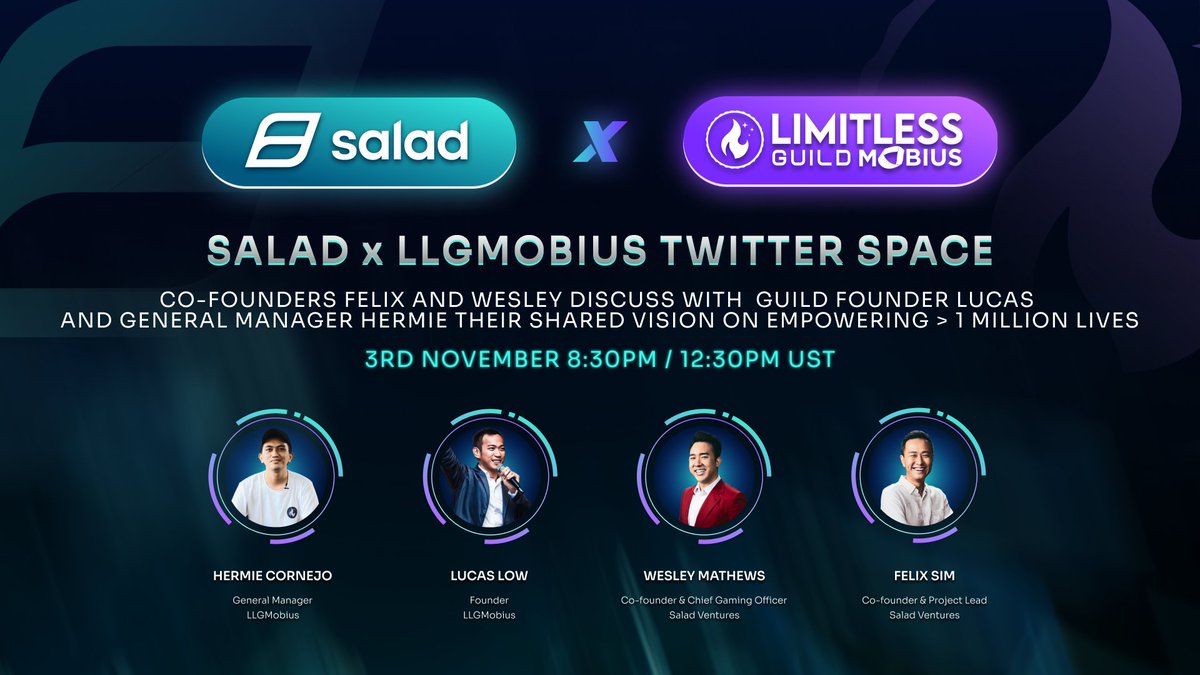 🔥Salad Ventures x <a href="/LLGuild/">☀️ LedgerLegends</a>🔥

Our Co-Founders <a href="/felixsim/">Felix Sim</a> &amp; <a href="/WesleyKMathews/">🥗🇸🇬 Captain Aqua | $SALD</a> will take the stage with <a href="/LucasLow_LLG/">Lucas Low</a> &amp; @Hermie_LLG to discuss their shared vision to impact the next million🤩

📅 3rd Nov 2022
⏲️ 8.30PM GMT

Set a reminder now👇
x.com/i/spaces/1jMKg…