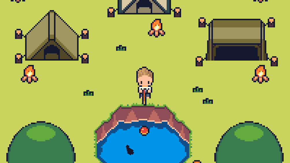 customhive's tweet photo. キャンプに行きたいので
のんびりキャンプ出来るゲームを作っています
気持ちはほぼ山﨑賢人です
サンプルを作り始めて今日で20日
機能は6割程度実装できました
テント、浮き、魚が自分で描いたドット絵

ギアメーカーさん、ゲームに商品登場させませんか！笑

#ゲーム制作 #IndieGameDev #キャンプ https://t.co/fgZ5WPiONL
