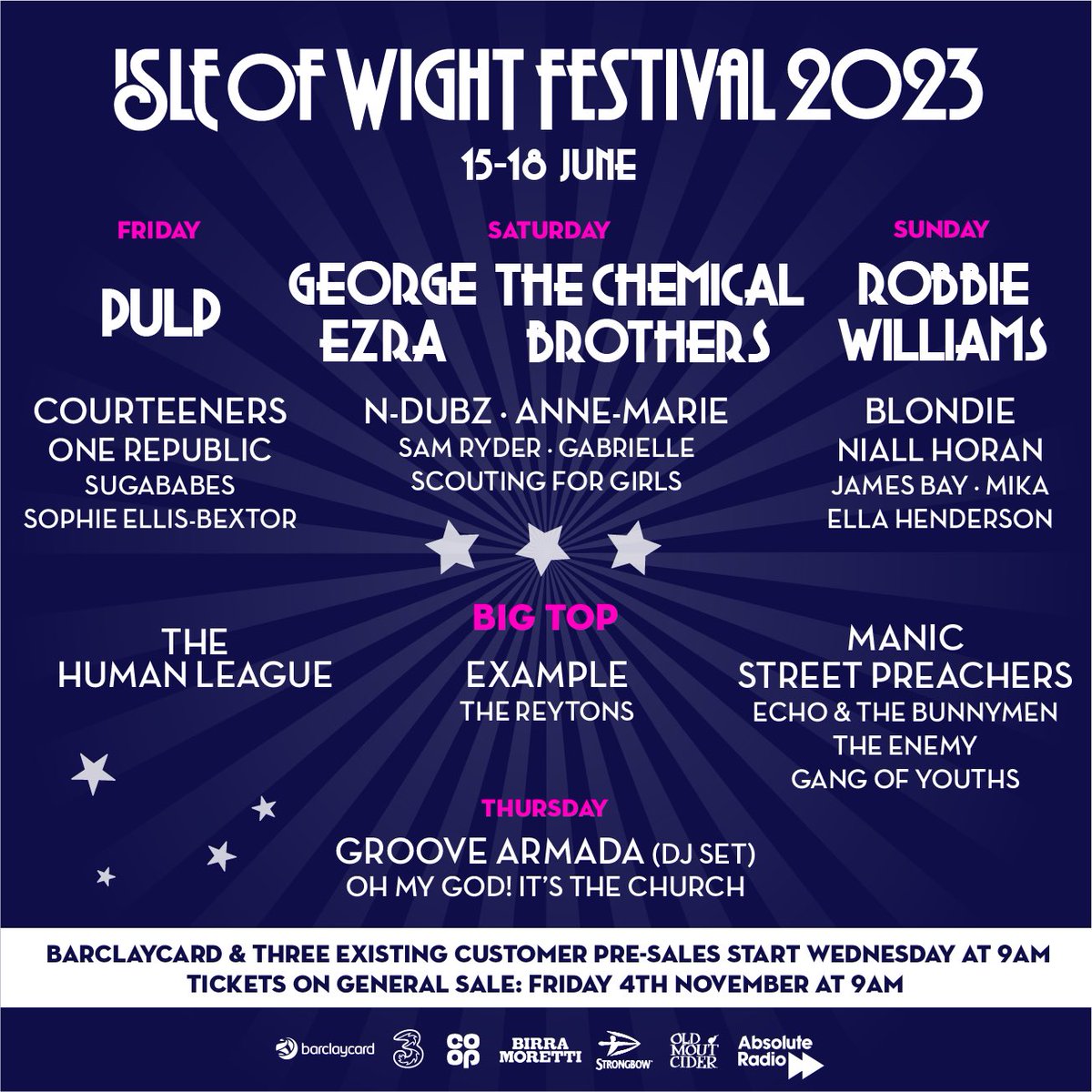 Excited to be playing @IsleOfWightFest for the first time next year ! Tickets on sale Friday isleofwightfestival.com/tickets