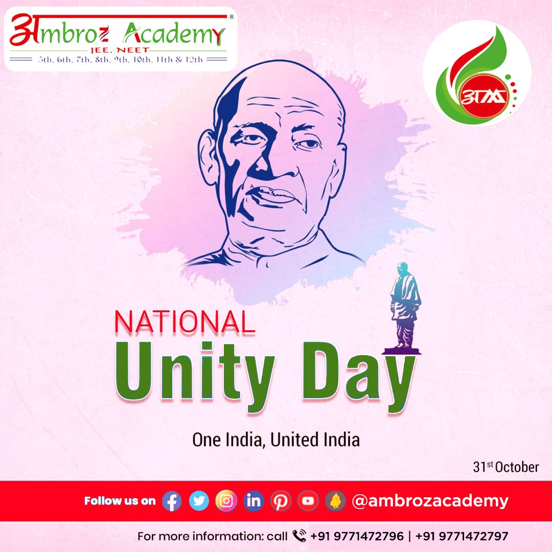 Salutations to the Iron Man of India, who devoted his entire life for national unity, Sardar Vallabhbhai Patel on his birth anniversary.
Greetings on #NationalUnityDay !
#EktaDiwas #RashtriyaEktaDivas #ambroz  #ambrozacademy #ambrozacademypatna #neetinstitute #IITJEEcoaching