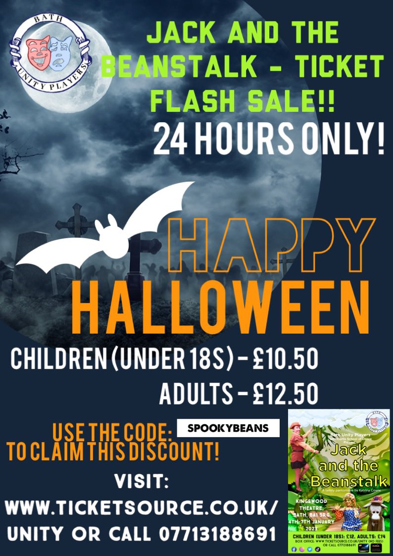 BathUnityPlayer's tweet image. 🎃HALLOWEEN FLASH SALE🎃

As a Halloween treat, we have discounted our tickets for 24 HOURS ONLY! - This offer ends at midnight tonight!

Visit ticketsource.co.uk/unity and use the code: SPOOKYBEANS to claim the offer!