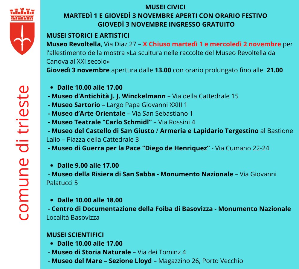 Musei Civici: Martedì 1 e Giovedì 3 novembre aperti con orario Festivo 

🆓 Giovedì 3 novembre ingresso gratuito  ⬇️⬇️⬇️