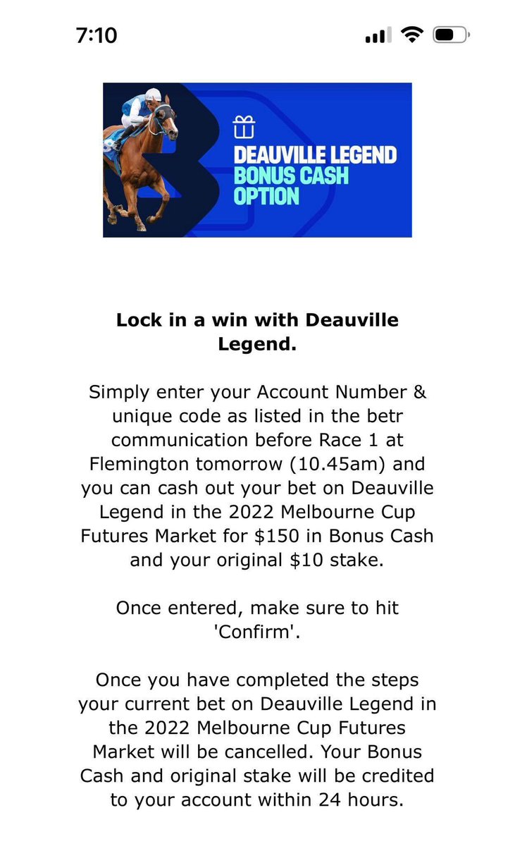 Shameless — Betr now offering people to cash out their $10 100-1 bet on the Melbourne Cup favourite for a $150 voucher. 

Now doing anything/begging to reduce their exposure to tomorrow.