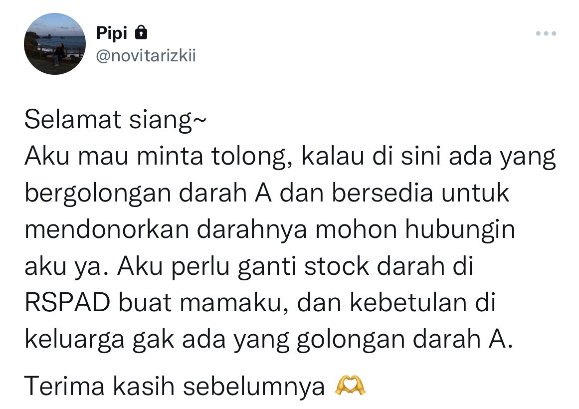 Selamat siang~ mau minta tolong, kalau di sini ada yang bergolongan darah A dan bersedia untuk mendonorkan darahnya mohon hubungin <a href="/novitarizkii/">π</a> ya. Aku perlu ganti stock darah di RSPAD buat mamaku, dan kebetulan di keluarga gak ada yang golongan darah A.

Terima kasih 🫶
