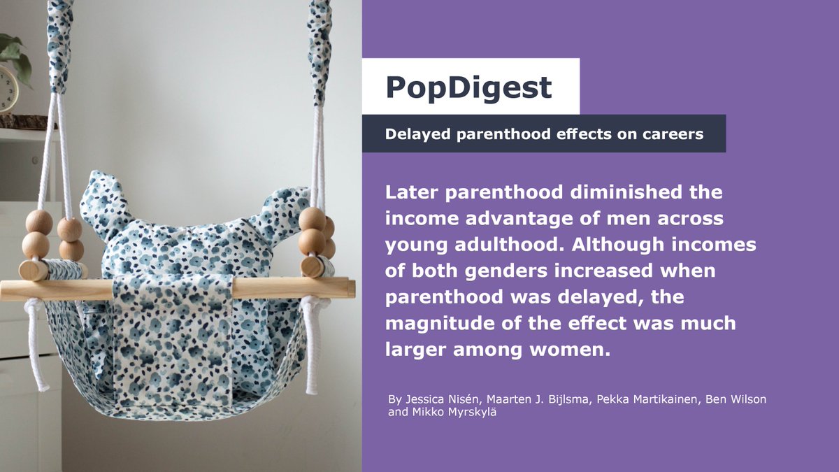 👶 How does having children later in life affect the careers of women and men? Find out the answer in our latest #PopDigest by @jessica_nisen, @MJBijlsma, Pekka Martikainen, Ben Wilson and Mikko Myrskylä Read now: bit.ly/3Nja1FU