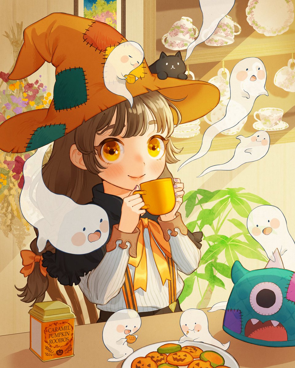 1girl hat ghost witch hat brown hair smile cup  illustration images
