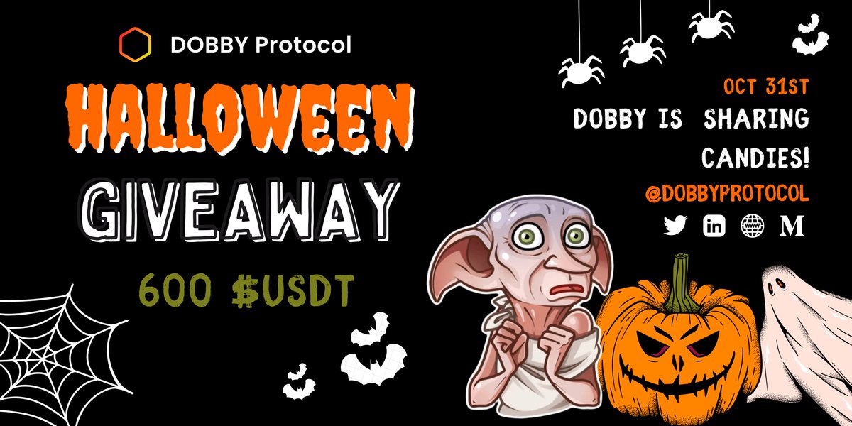 DobbyProtocol's tweet image. 🎃 Trick or treat?

Dobby from @DobbyProtocol celebrates #Halloween by giving away 600 USDT! 💰

Join our #gleam #giveaway and push your chances to win! 

⏰ October 22 - November 11

Join here 👇🏻
bit.ly/3CSxkl7

#blockchain #crypto #web3