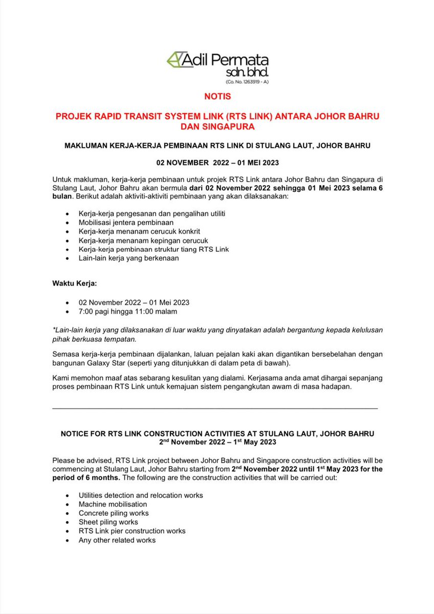 RTSLink's tweet image. ⚠️ NOTICE OF RTS LINK CONSTRUCTION ACTIVITIES AT STULANG LAUT, JOHOR BAHRU 
(2nd NOVEMBER 2022 - 1st MAY 2023)

#jbtu