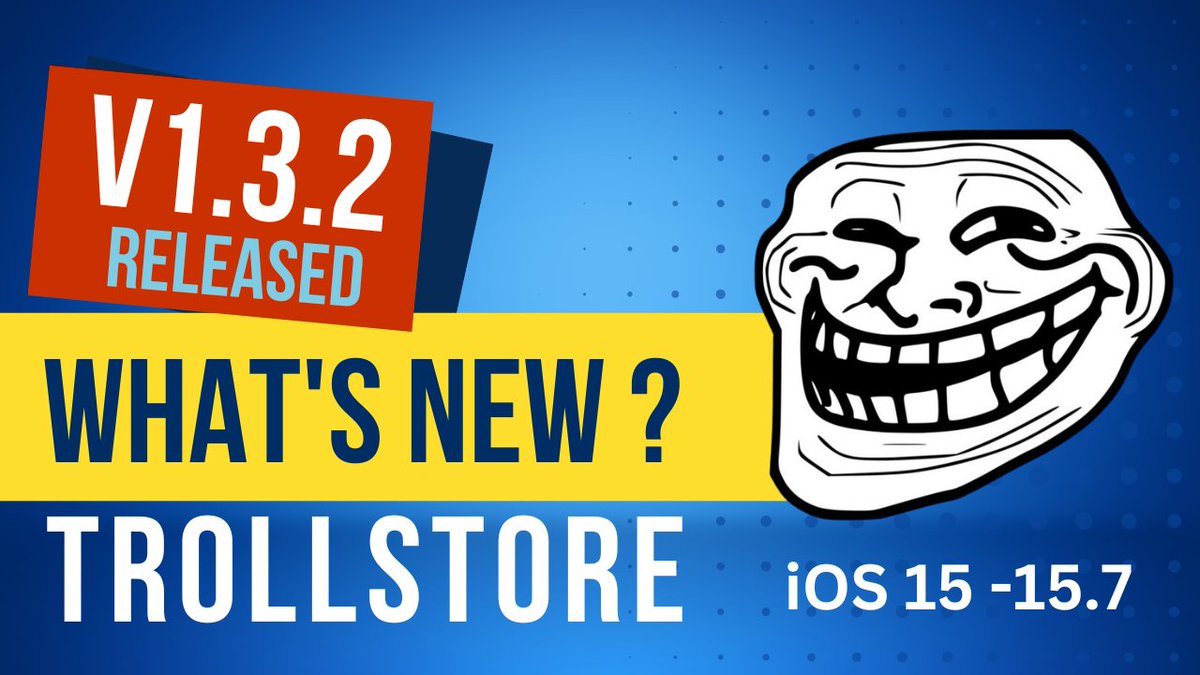 TrollStore 1.3.2 is out 🔥🔥
Permanent IPA installer for iOS 15.5 - iOS 14.x

Download Now - bit.ly/3RYw3z9 

✳️ Bold text issues fixed
✳️ Add info about what TCC APIs

How to update Tutorial
bit.ly/3FNaf6z 
#TrollStore #update #Download #jailbreak #iOS15