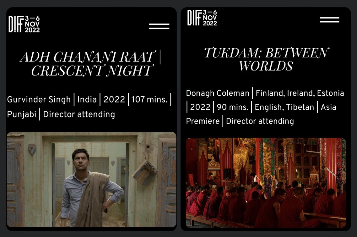 2 films at Dharamshala International Film Festival, 2022
TUKDAM
Sun, 6 Nov | 10:00 am | Main Audi
diff.co.in/film/tukdam-be…

ADH CHANANI RAAT 
Sat, 5 Nov | 12:30 pm | Main Audi
diff.co.in/film/adh-chana…