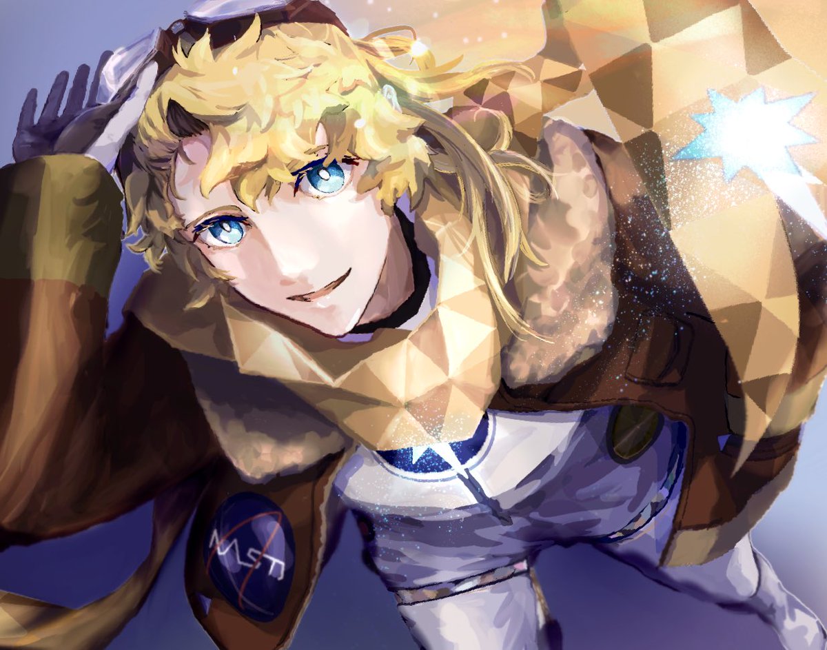 1boy male focus blonde hair blue eyes goggles on head solo smile  illustration images