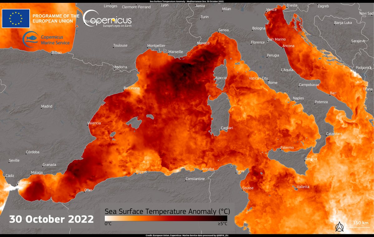 #ImageOfTheDay The waters of the Mediterranean Sea continue to be heavily affected by the recent unseasonal temperatures ⬇️As shown by @CMEMS_EU data, a widespread Sea Surface Temperature anomaly♨️, with peaks of ~5°C was registered along the coasts of 🇫🇷 & 🇮🇹 on 30 October