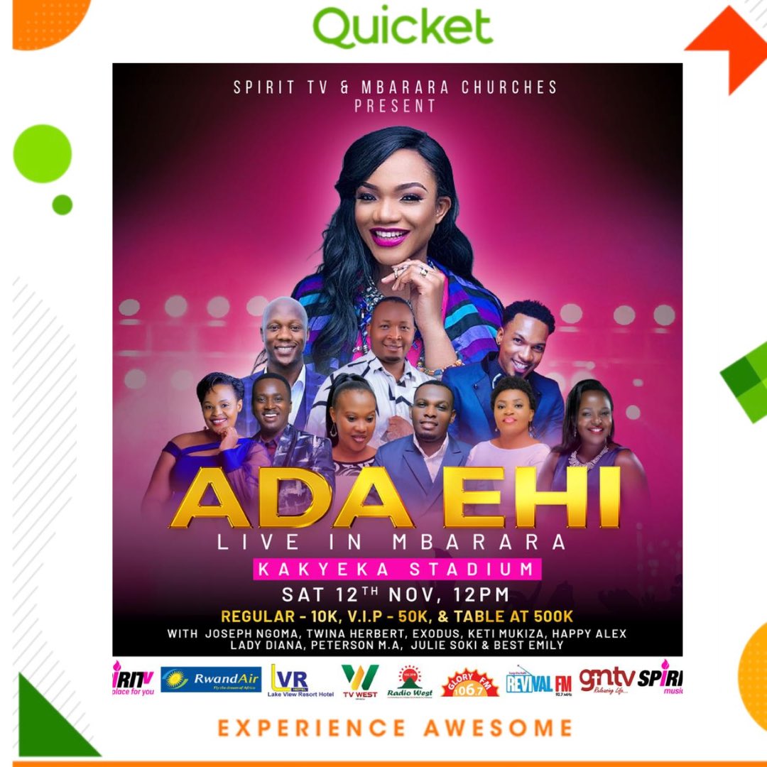 Spirit TV and Mbarara Churches Present: Ada Ehi Live in Mabarara Happening on the 12th of November at the Kakyeka Stadium. Grab your tickets now! quicket.co.ug/events/195206-… • • #quicketug #adaliveinmbarara