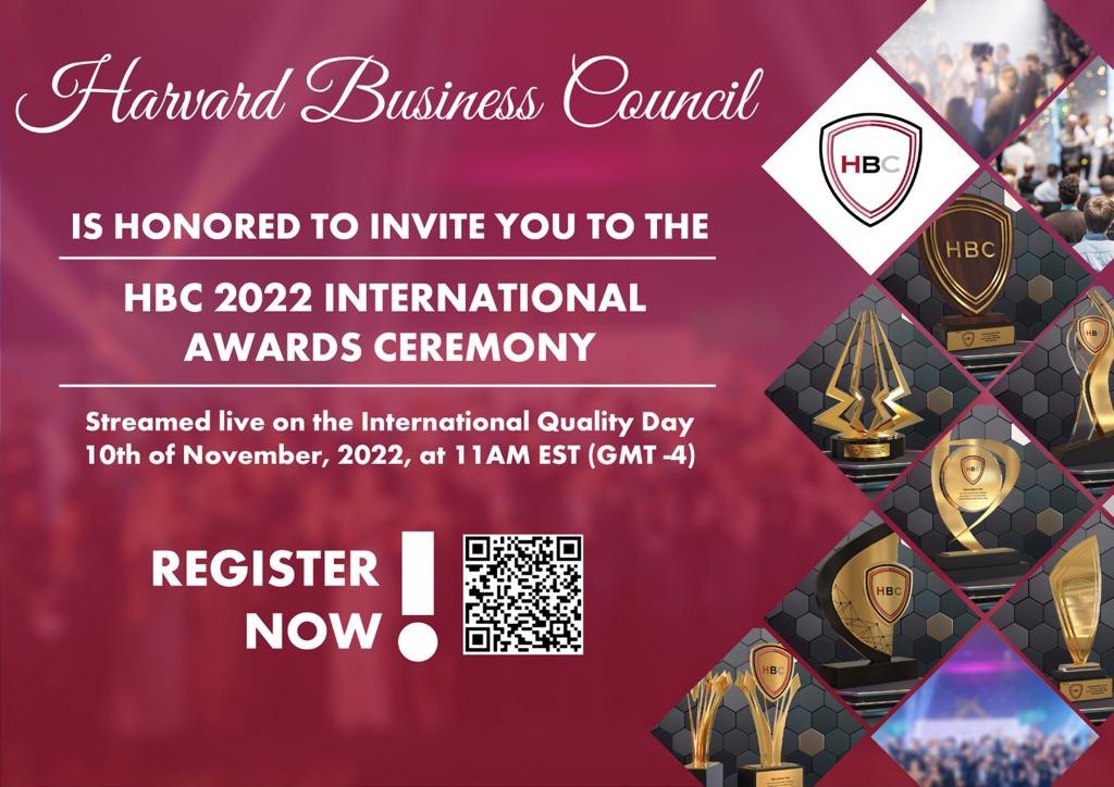 Hbc_awards's tweet photo. Harvard Business Council is thrilled to invite you to the HBC 2022 International Awards ceremony on the 10th of November at 11 AM EST (GMT 4-)!
The event will be held live on our website to allow everyone to attend. https://t.co/k9xpe2jE4e