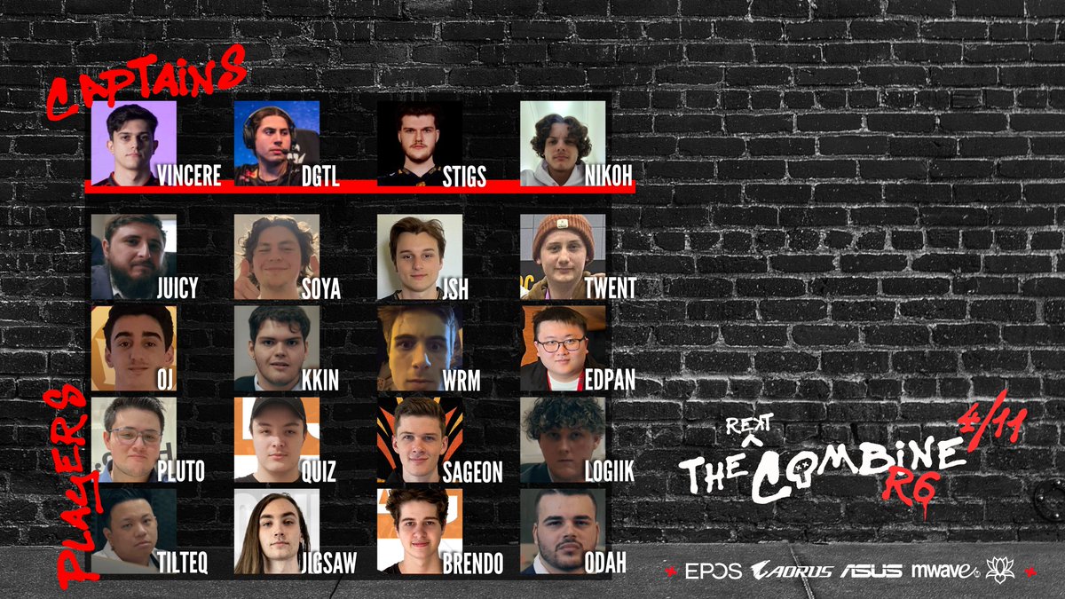 Here they are folks, 19 of the best R6 players in the region. 

...and @ViinOdah 😜

Your Captains <a href="/vincereD2K/">vincere</a>, <a href="/Dgtl_R6/">Dgtl | Raine</a>, <a href="/StigsR6/">Stigs</a> &amp; <a href="/Nikowoh/">nikoh</a> have some tough choices ahead of them sifting through this lot on draft day💀

#TheCombine  |  DRAFT DAY  |  NOV 4

<a href="/R6esportsOCE/">Rainbow Six Esports OCE</a>