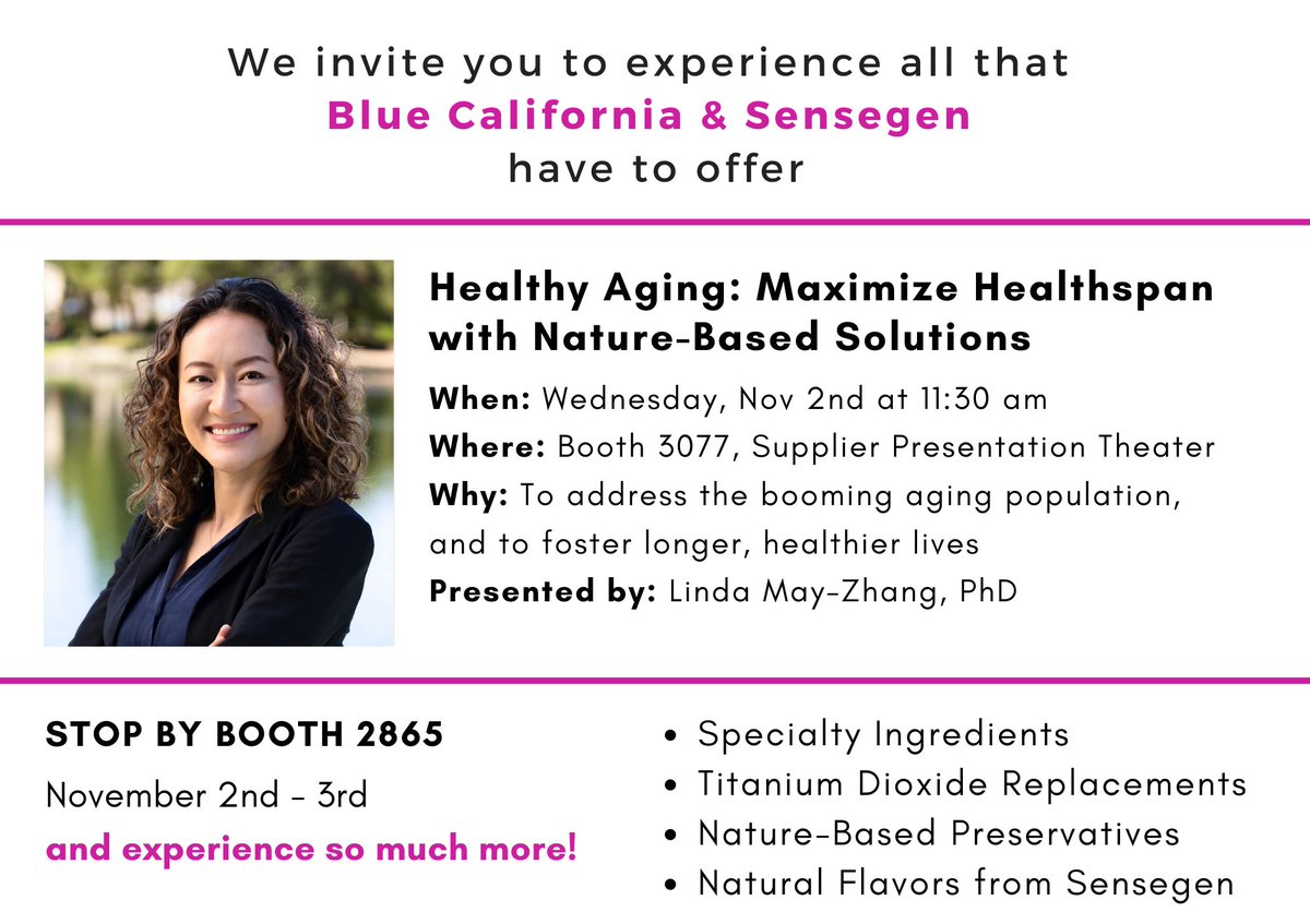 Meet us at @supplyside Las Vegas Nov. 2-3. See how @BlueCal_Ing is transforming #healthyaging #ingredients into nature-based solutions for #health brands. Linda May-Zhang, Ph.D. will discuss creating consumer appeal through healthy aging.  #ssw2022 #SSEexpo #ingredients