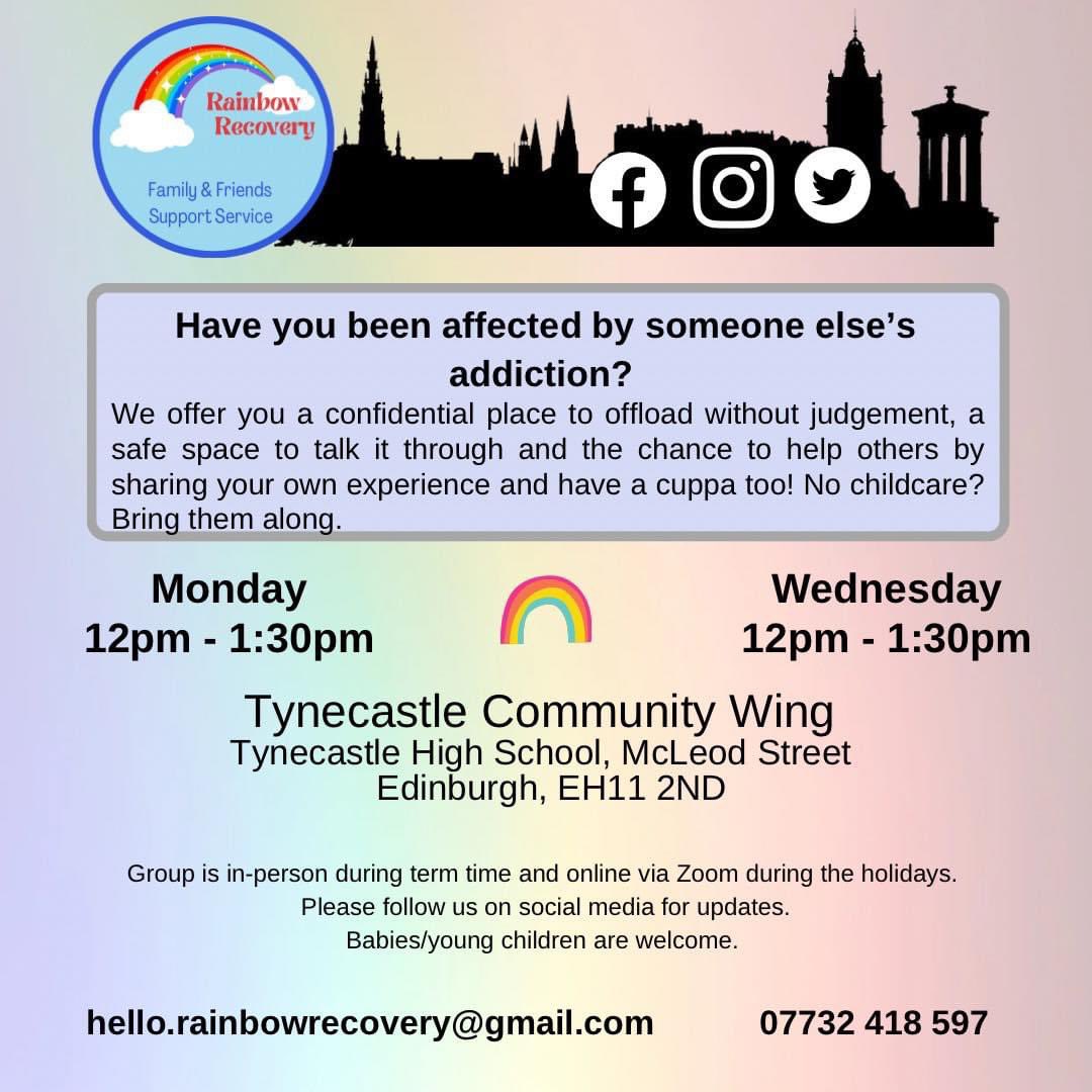 RainbowRecover1's tweet photo. Bad weekend because of someone else’s addiction? You can’t change it for them, but you can learn about addiction, chat with others going through the same thing and look after your mental health. You can’t give from an empty pot, so look after you. #familyrecoveryedinburgh https://t.co/nD3Ppe5gve