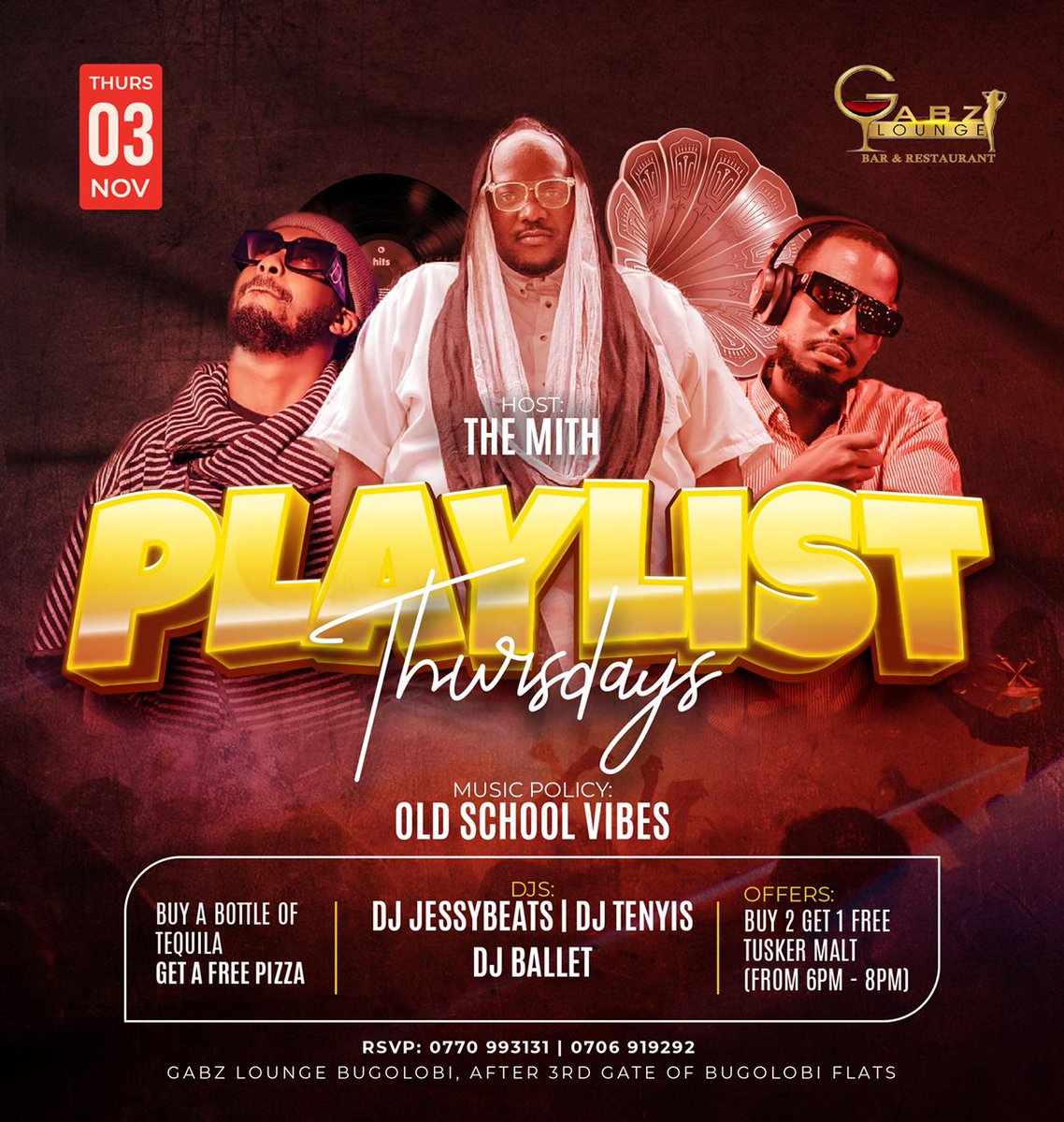 Gabz Lounge (@gabzlounge) on Twitter photo This week we are launching PLAYLIST Thursdays that's bringing you only the best oldskool music vibe ever!🔥🔥🔥 hosted by the one and only <a href="/TheMithMusic/">THE MITH🇺🇬🔥</a> featuring <a href="/DJJessybeats/">Jessybeats🌏</a> and <a href="/djtenyis/">DJ Tenyis</a> to do the night Justice!
You can't afford to miss out on such a lit experience!🥂🥂 This week we are launching PLAYLIST Thursdays that's bringing you only the best oldskool music vibe ever!🔥🔥🔥 hosted by the one and only <a href="/TheMithMusic/">THE MITH🇺🇬🔥</a> featuring <a href="/DJJessybeats/">Jessybeats🌏</a> and <a href="/djtenyis/">DJ Tenyis</a> to do the night Justice!
You can't afford to miss out on such a lit experience!🥂🥂