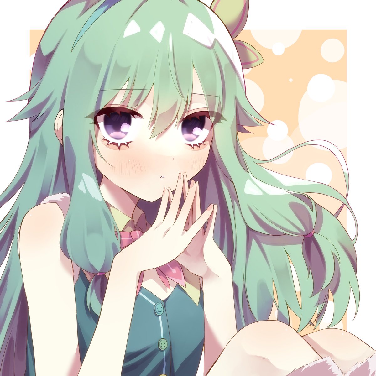 1girl solo green hair purple eyes long hair blush looking at viewer  illustration images