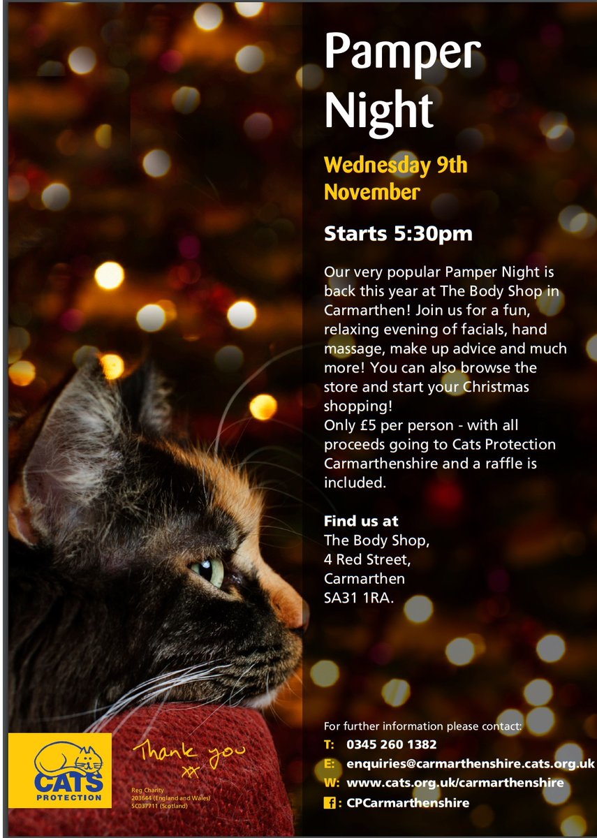 Next Wednesday is our Pamper Night, only £5 per person with all proceeds going towards helping cats in #Carmarthenshire.😺

#CatsProtection #MoggyMonday #CatsOfTwitter