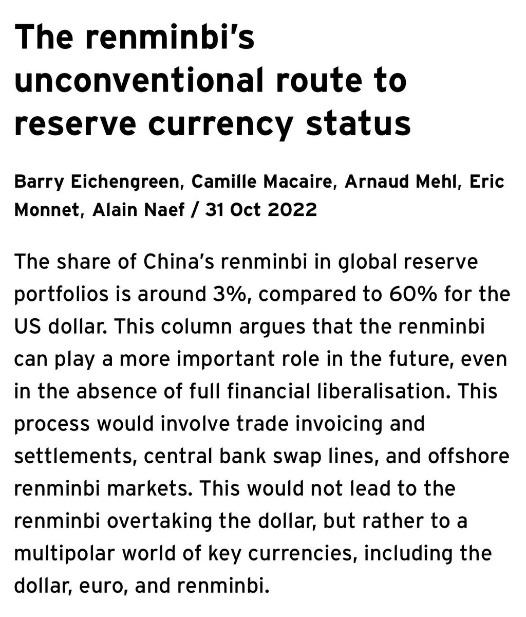 Barry etal: Int’l role of RMB 🌞<a href="/B_Eichengreen/">Barry Eichengreen</a> 
•
This <a href="/voxeu/">VoxEU</a> column argues RMB can play a important role in future - even absent full financial liberalisation
•
multipolar world of currencies
•
trade invoicing, settlements, CB swap lines, offshore RM
cepr.org/voxeu/columns/…